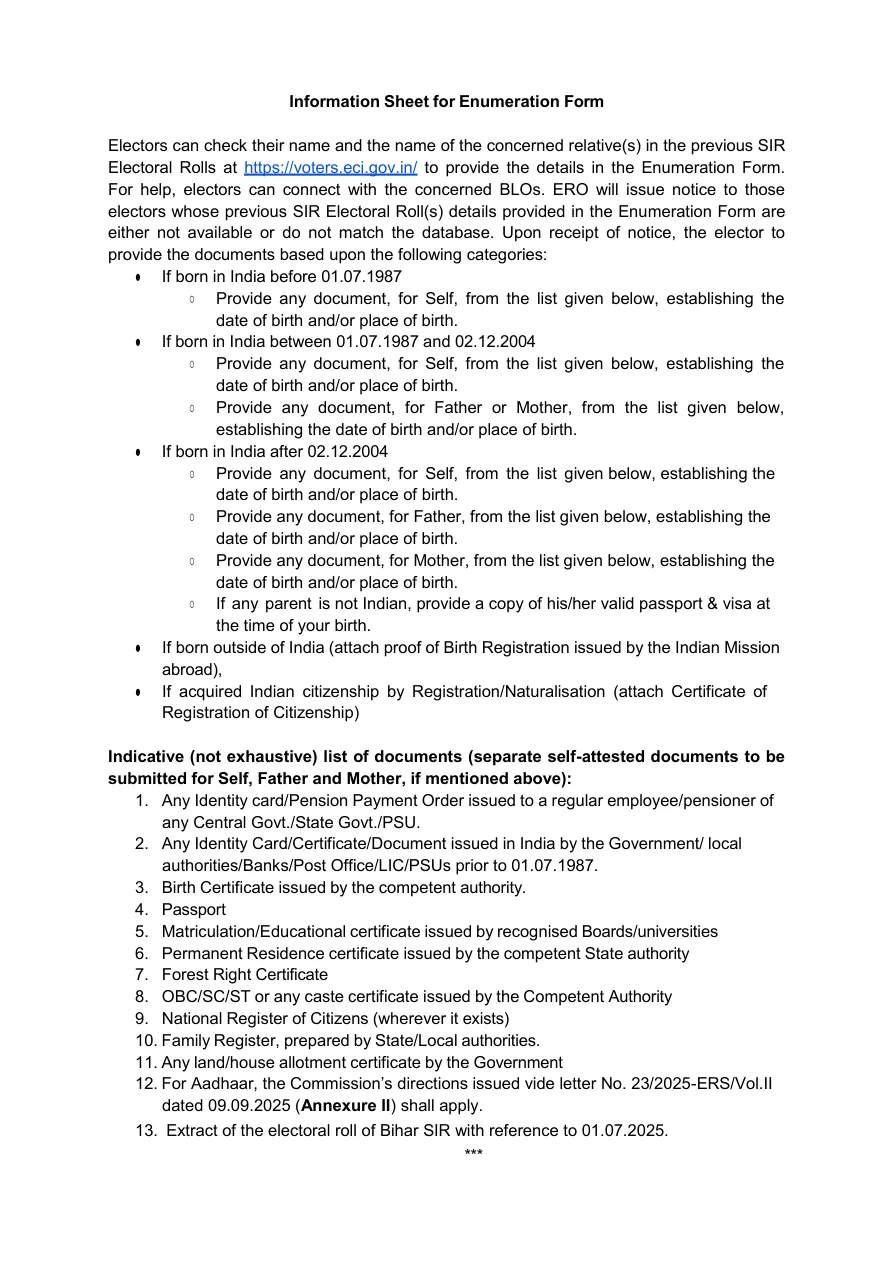 Information sheet page from an SIR enumeration form reference listing document categories and voter-roll instructions