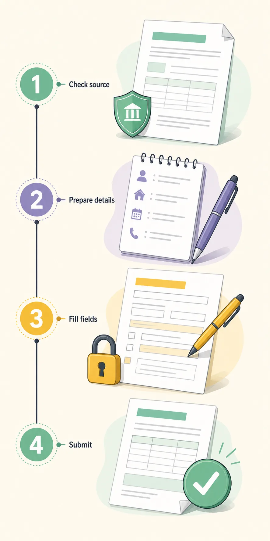 Editorial four-step illustration showing how to check the source, prepare details, fill fields, and submit an SIR form