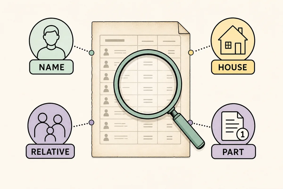 Checklist editorial com nome, familiar, casa e parte para conferir uma lista eleitoral antiga