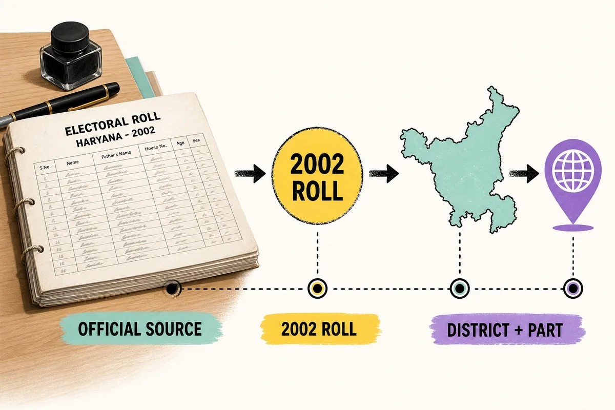Ilustração editorial de uma lista eleitoral de Haryana de 2002 verificada por fonte oficial, distrito e parte