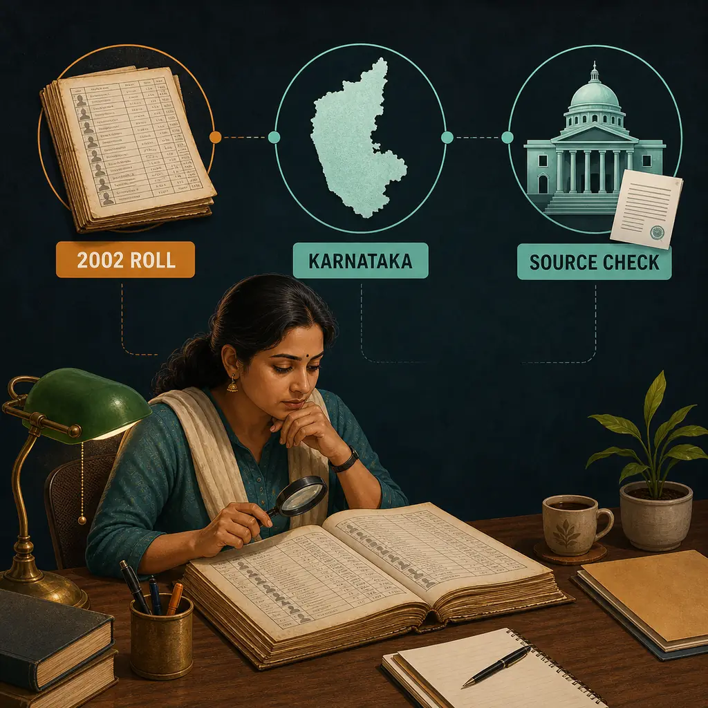 Editorial illustration of a Karnataka 2002 electoral roll checked against an official source route