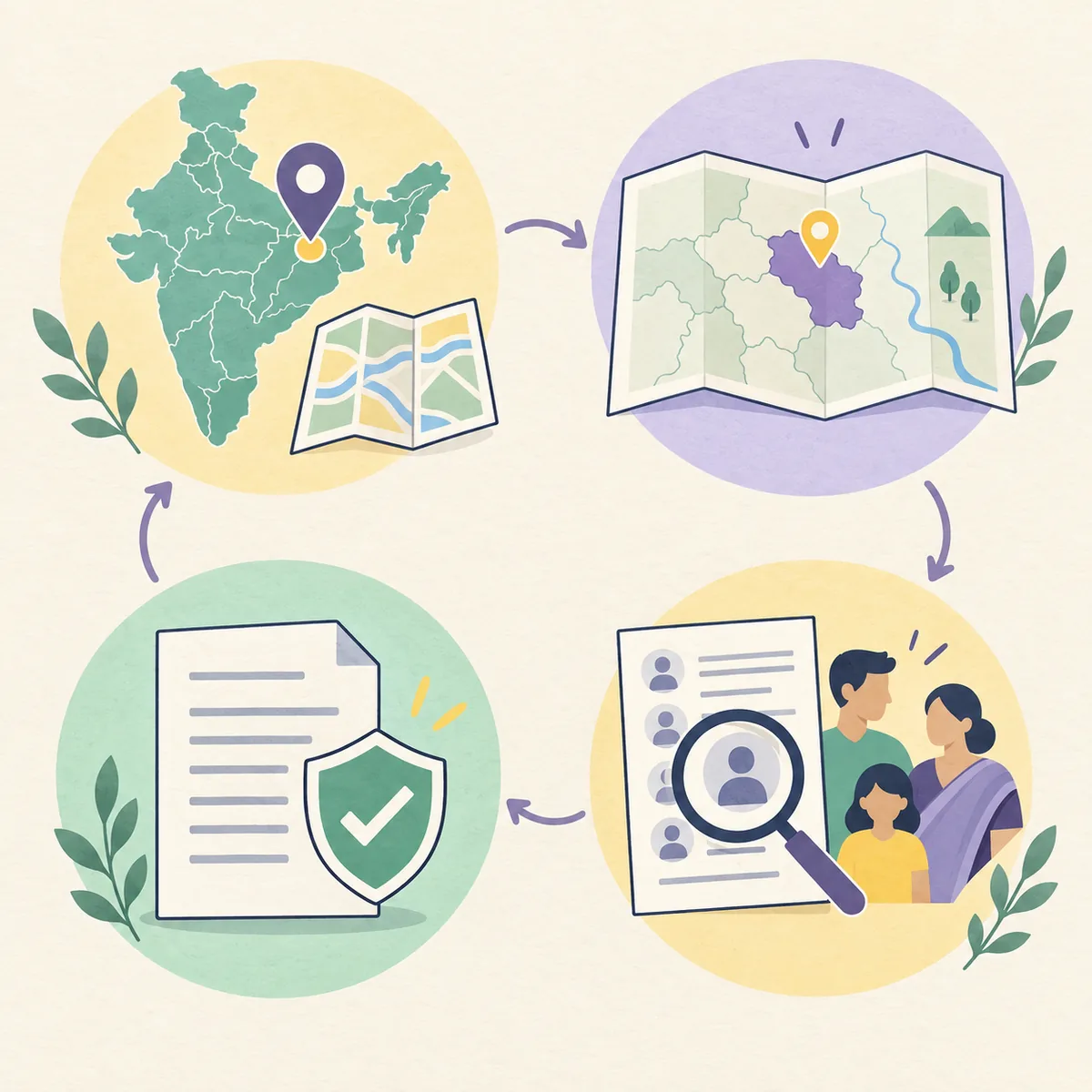 Flux illustré en quatre étapes de la localisation à la vérification de la source