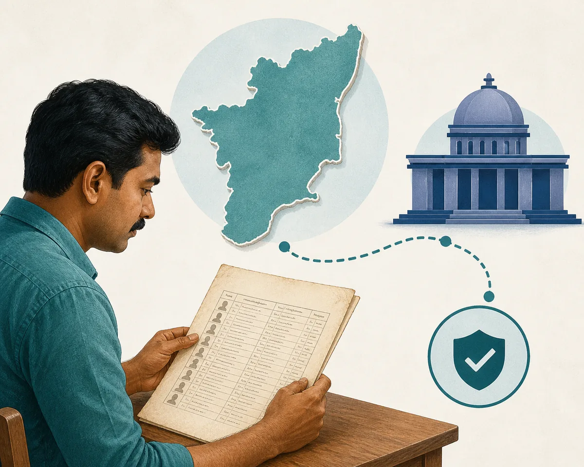 Illustration of a Tamil Nadu voter checking an old electoral roll against an official source route