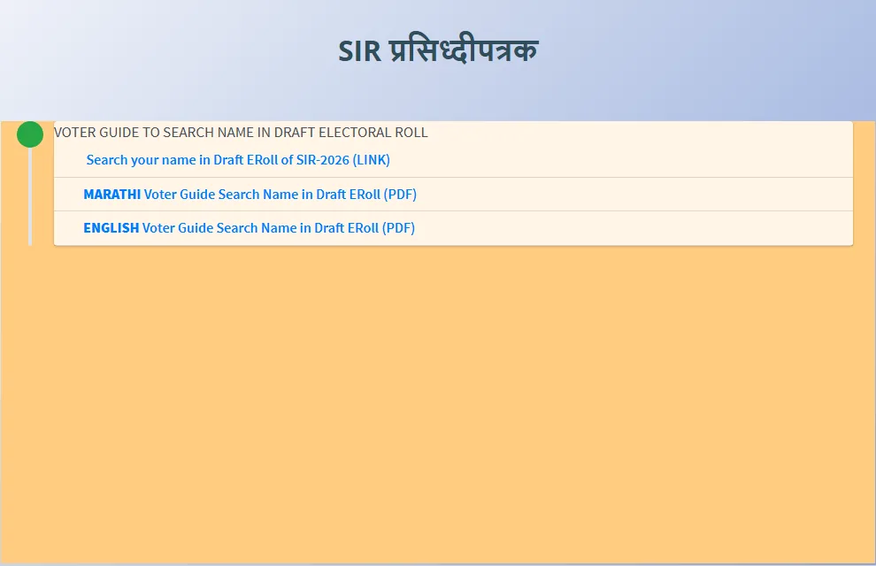 Página oficial do CEO de Maharashtra com o link de busca nominal do rascunho SIR 2026 e guias em inglês e marata