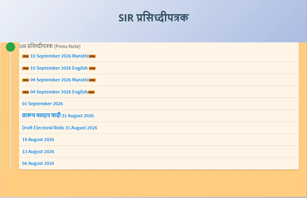 Página oficial de comunicados SIR do CEO de Maharashtra com avisos datados, incluindo o item de 10 de setembro de 2026