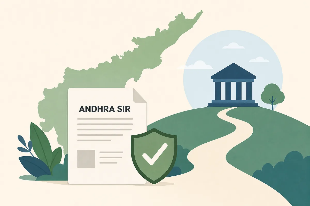 Ilustração da verificação de fonte do SIR de Andhra Pradesh com formulário, escudo e caminho oficial