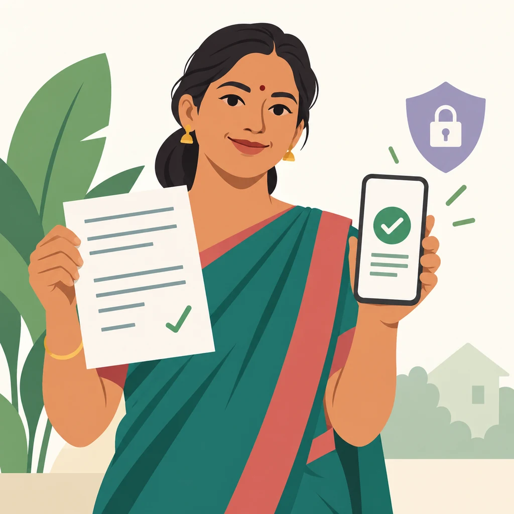 Illustration éditoriale d'un électeur, d'un symbole générique de portail sécurisé et d'un parcours de suivi privé; ne représente pas le site de l'ECI