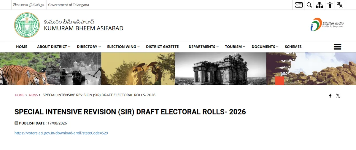 Captura de la página oficial del distrito de Kumuram Bheem Asifabad titulada Padrones electorales preliminares SIR 2026; muestra la fecha de publicación 17 de agosto de 2026 y el enlace de Telangana a la ECI
